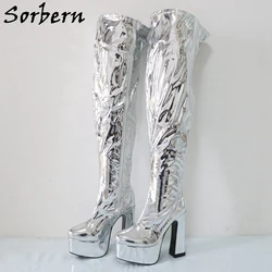 Sorbern Metallic Silver Over The Knee Boots For Women Block High Heel Platform Fetish Boots For Drag Queen Gaga Heels Custom