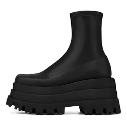 Arden Furtado 2024 Patent Leather Wedges Elastic boots Square toe Platform Slip-on High-heeled Short boots Large size boots