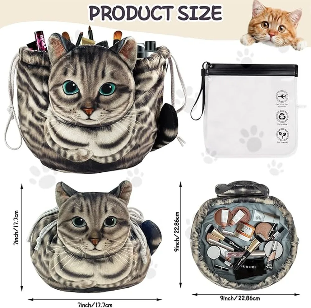 Soft Plush Fabric Cat Print Drawstring Bag Cute Storage Pouch Japanese Style Organizer Home Storage