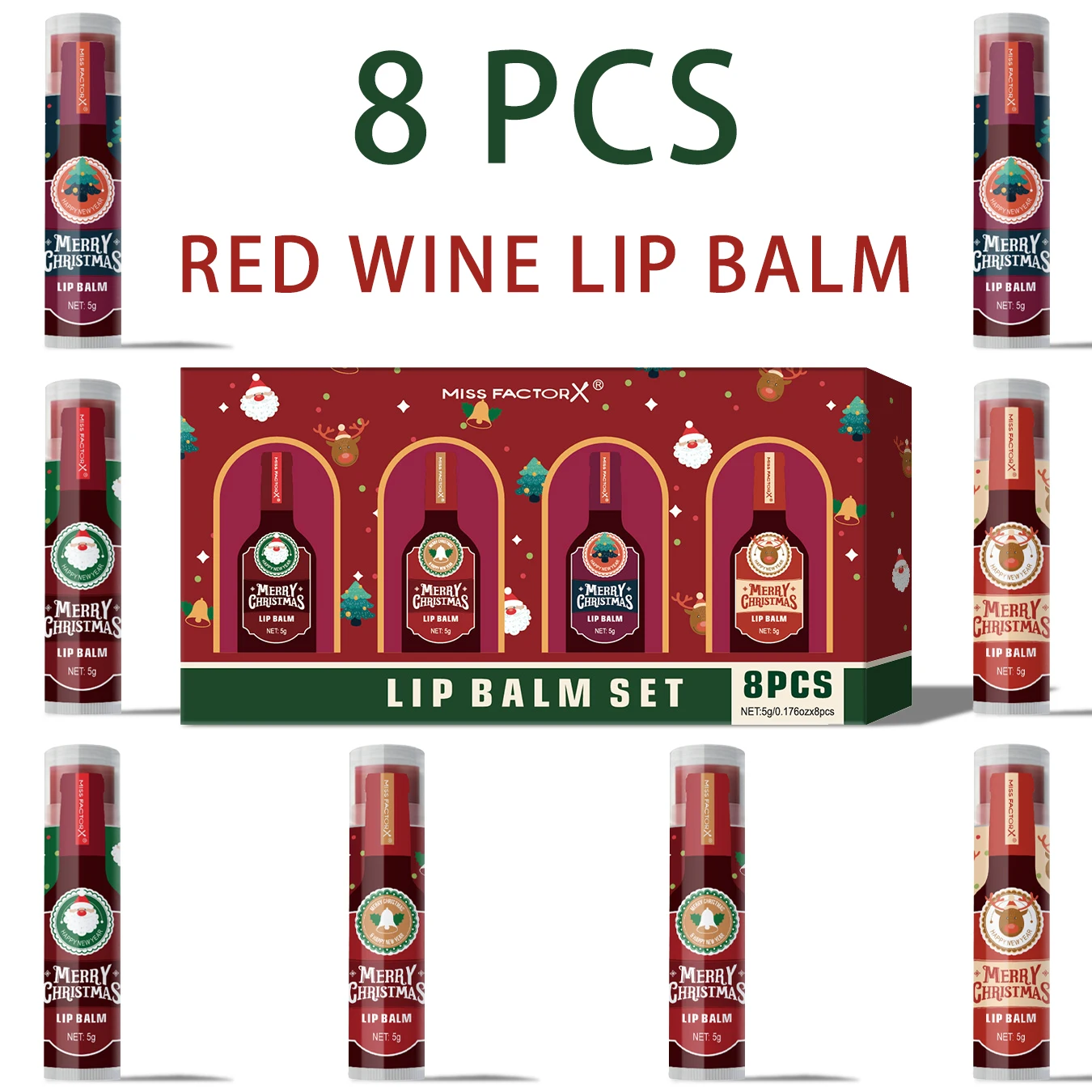 Lápiz labial navideño de 8 piezas, lápiz labial de vino tinto caliente, lápiz labial teñido brillante, juego de lápiz labial duradero resistente al agua e hidratante