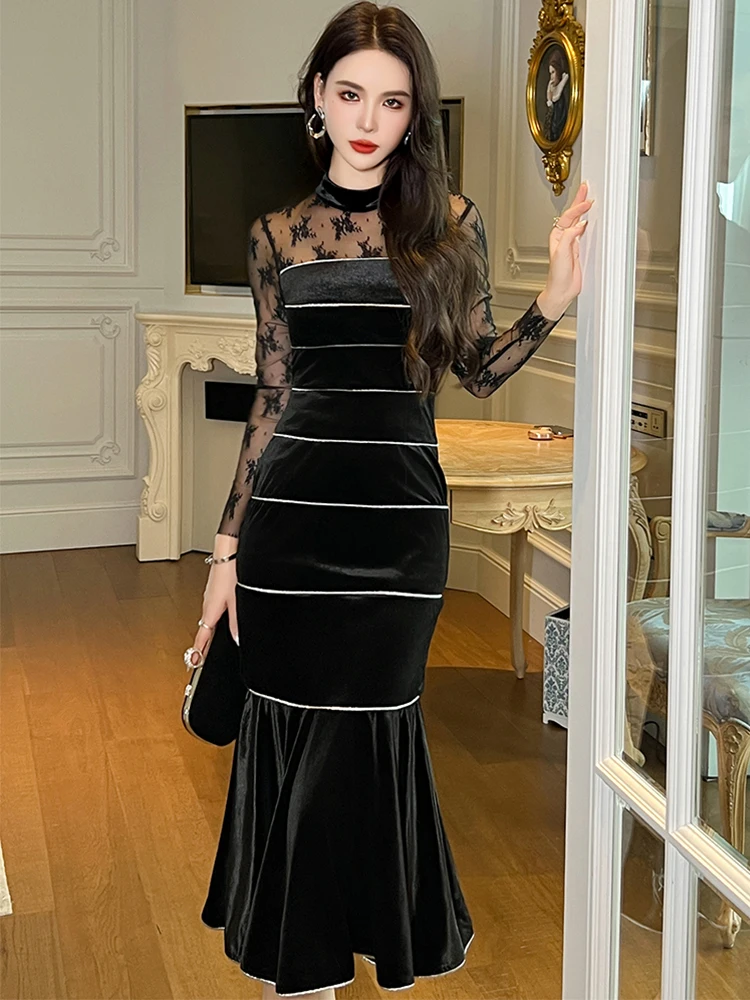 

Fashion Black Velvet Long Dresses Elegant Women Clothes Mujer Ladies Lace Spliced See Through Bodycon Vestidos Fiesta Robe Femme