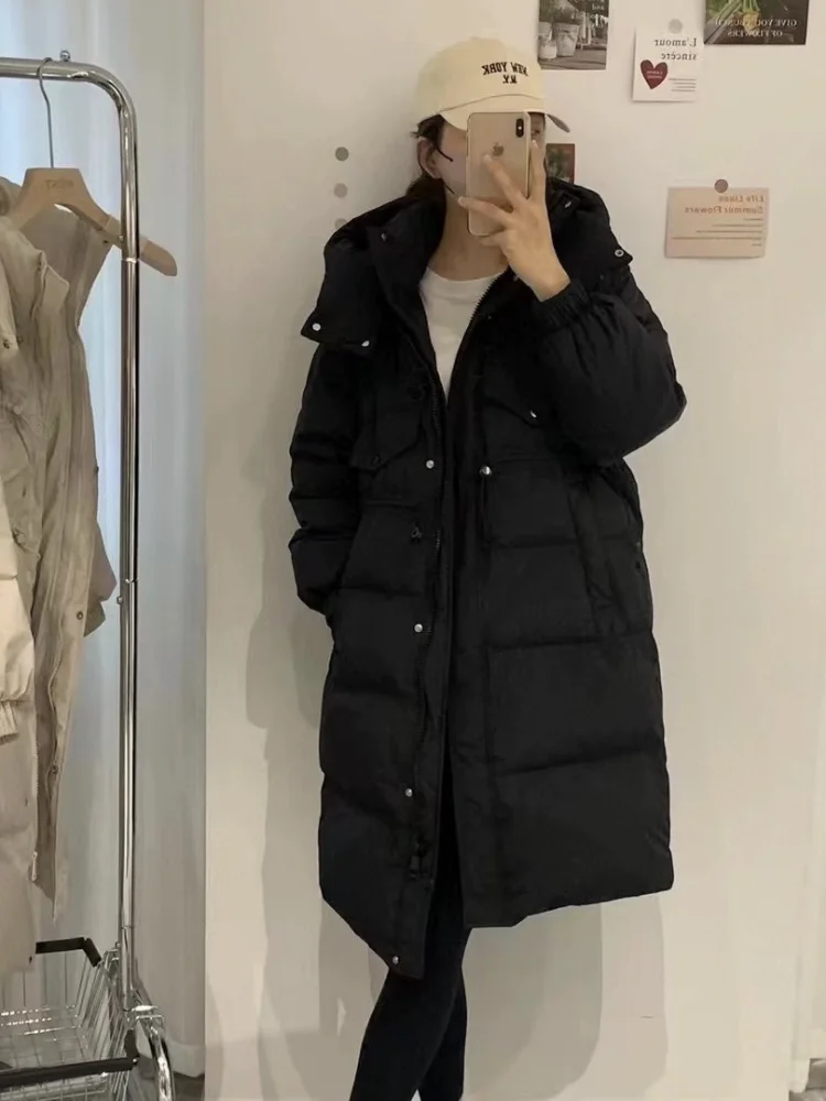 New 2024 Women\'s Winter Coats Hooded Thick Warm Puffer Jacket White Duck Down Drawstring Waist Long Down Coats Clothing Female