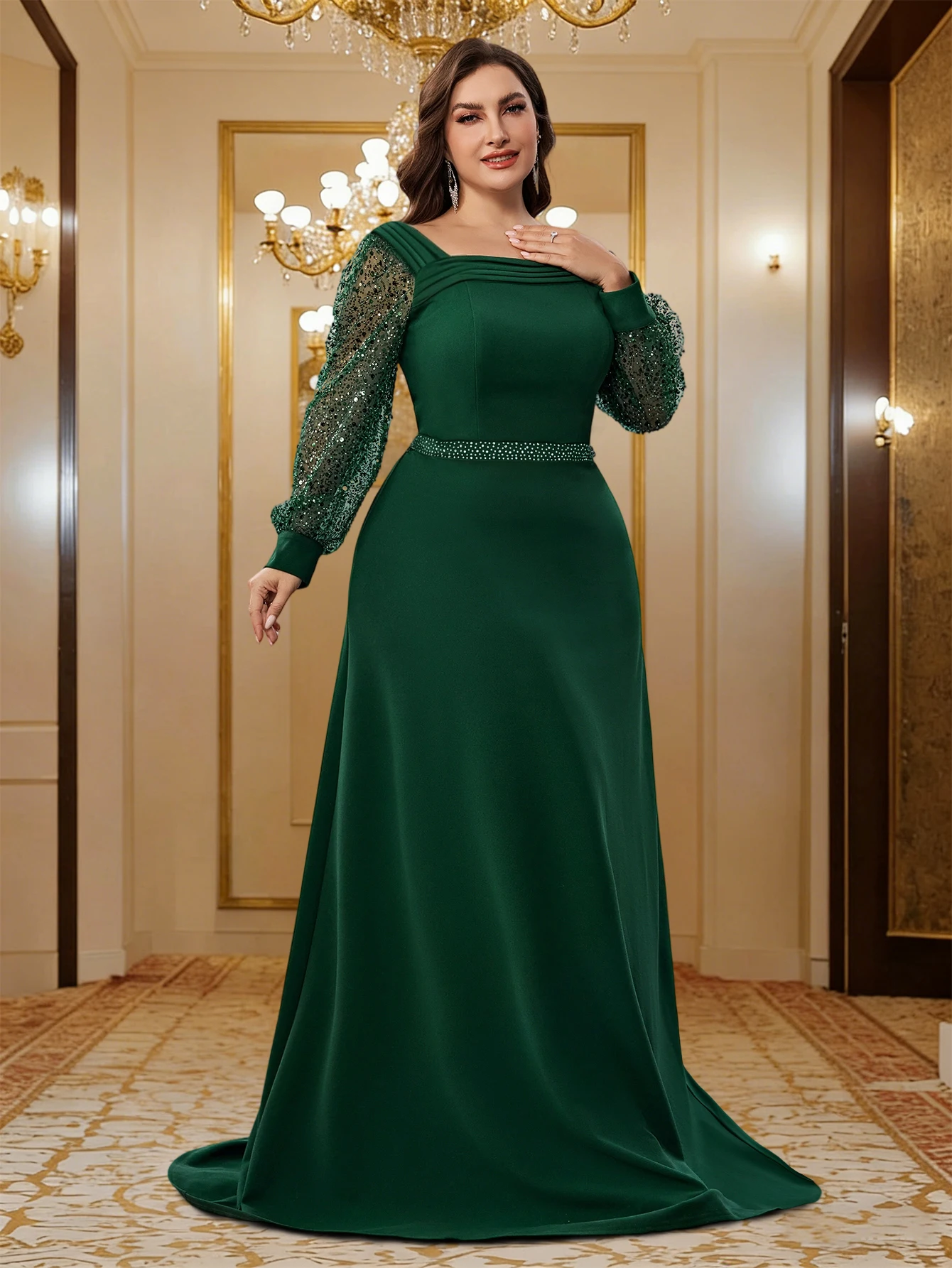 Plus Size Green Luxury Applique Long Sleeves Formal Evening Dresses Elegant Woman Party Floor Lenght Cocktail Gowns