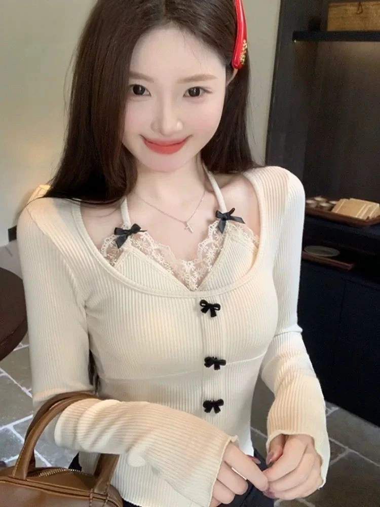 

Sweet Sueter Mujer, два укороченных пуловера, женская одежда, лоскутный кружевной сексуальный джемпер, туника, вязаный свитер, топы, Pull Femme