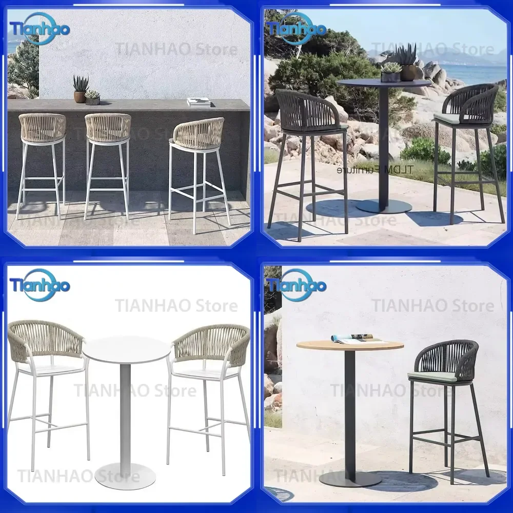 Rattan Bar Chairs for Outdoor Use with Relaxing Backrest Minimalist Creative Design Woven Island Style Single Bar Stool