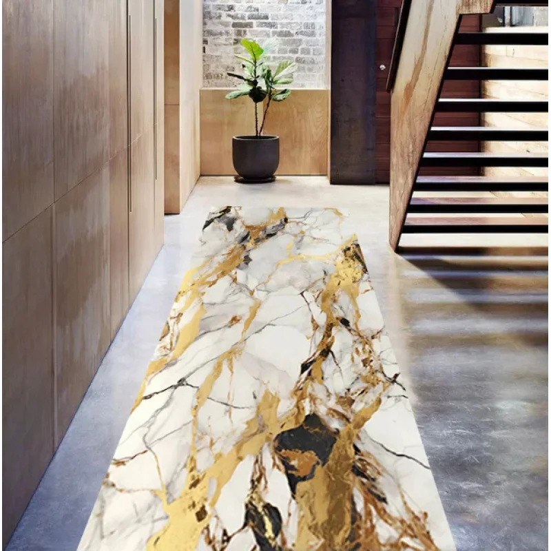 VIKAMA White Gold Marble Runner Rug Anti-slip Washable Floor Mat for Hallway Kitchen Living Room Bedroom Decor