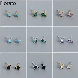 925 Sterling Silver Earrings Crystal Color Zircon Square Turquoise Stud Earrings CZ Gold Silver Earrings Luxury Fashion Jewelry