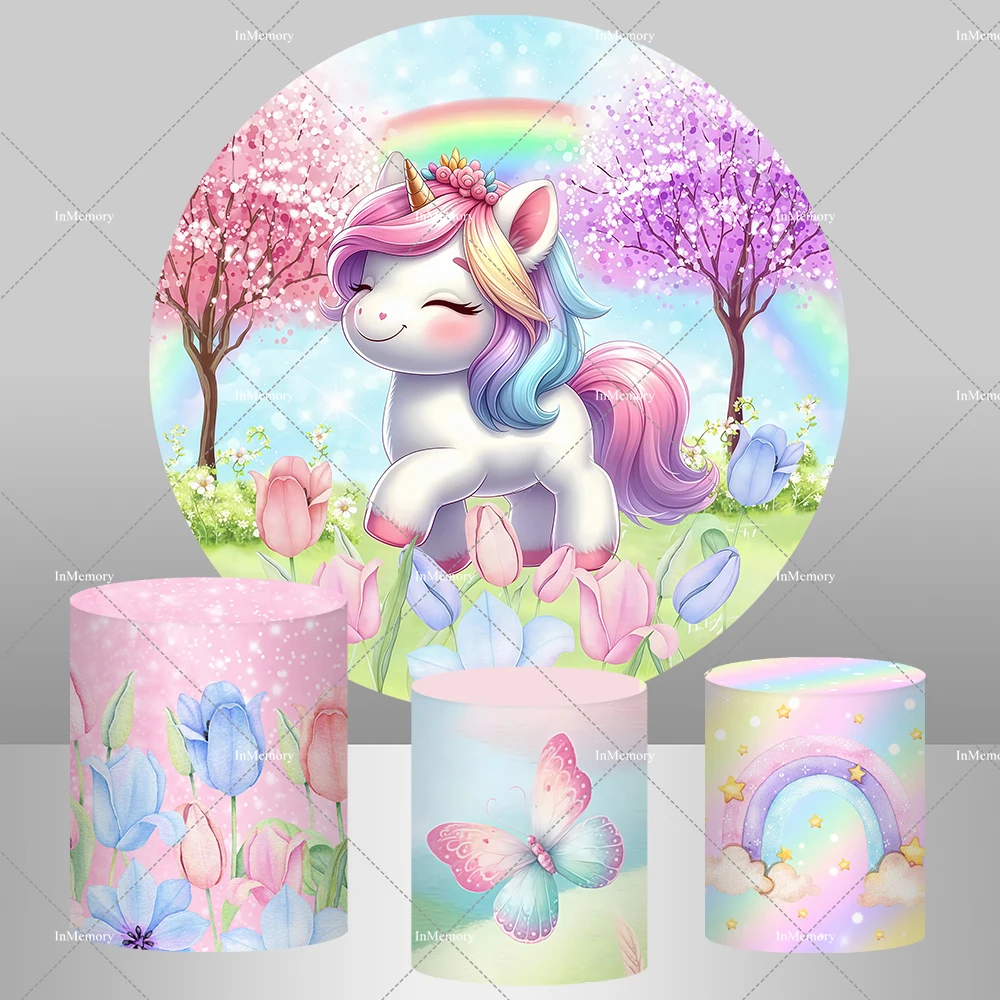 Flower Unicorn Birthday Round Backdrop Cover for Girl Baby Shower Newborn Party Decor Background Custom Rainbow Plinth Covers