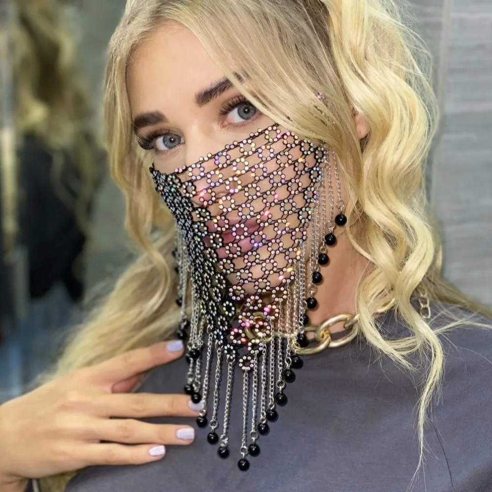 

Fashion Fishing Net Rhinestone Mask Bling Shining Face Cover Hollow Tassel Masquerade Mask Dance Party