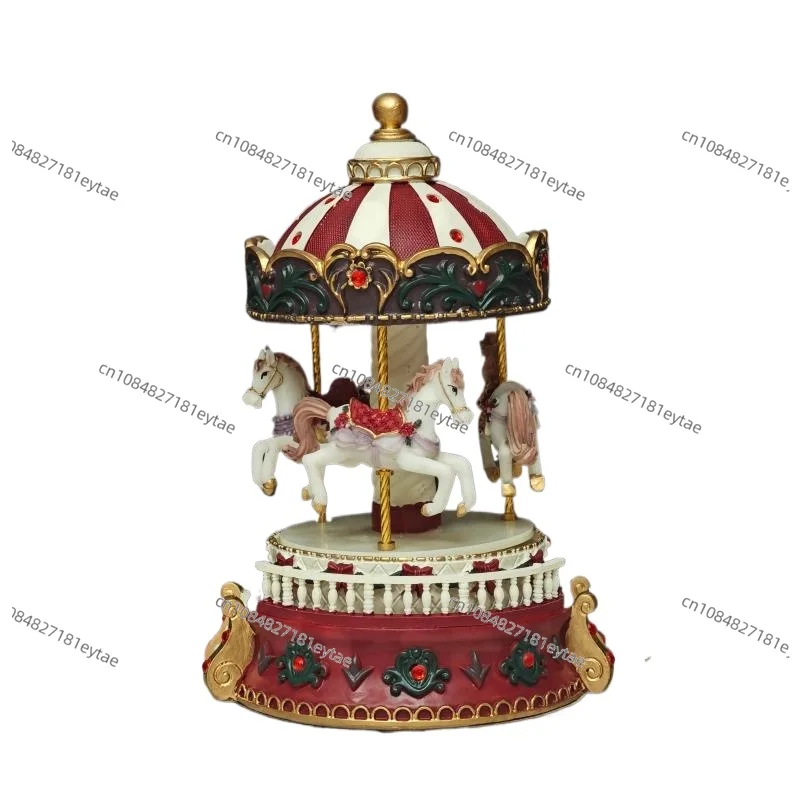 Vintage Red European Carousel Music Box Christmas Toy Ornament Craft