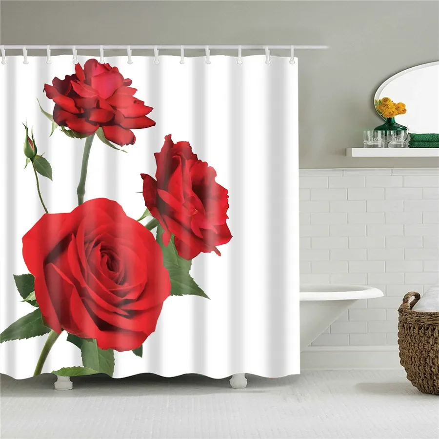 Red Wine Rose Flower Printed Bathroom Curtains Valentine\'s Day Decor Fabric Shower Curtain Love Romance Bath Curtain With Hooks