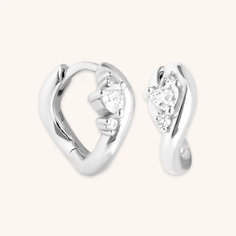 

S925 Sterling Silver Heart Zircon Earrings for Women - Irregular INS-Style, Unique Design, Premium Huggie Earrings, Jewelry Gift