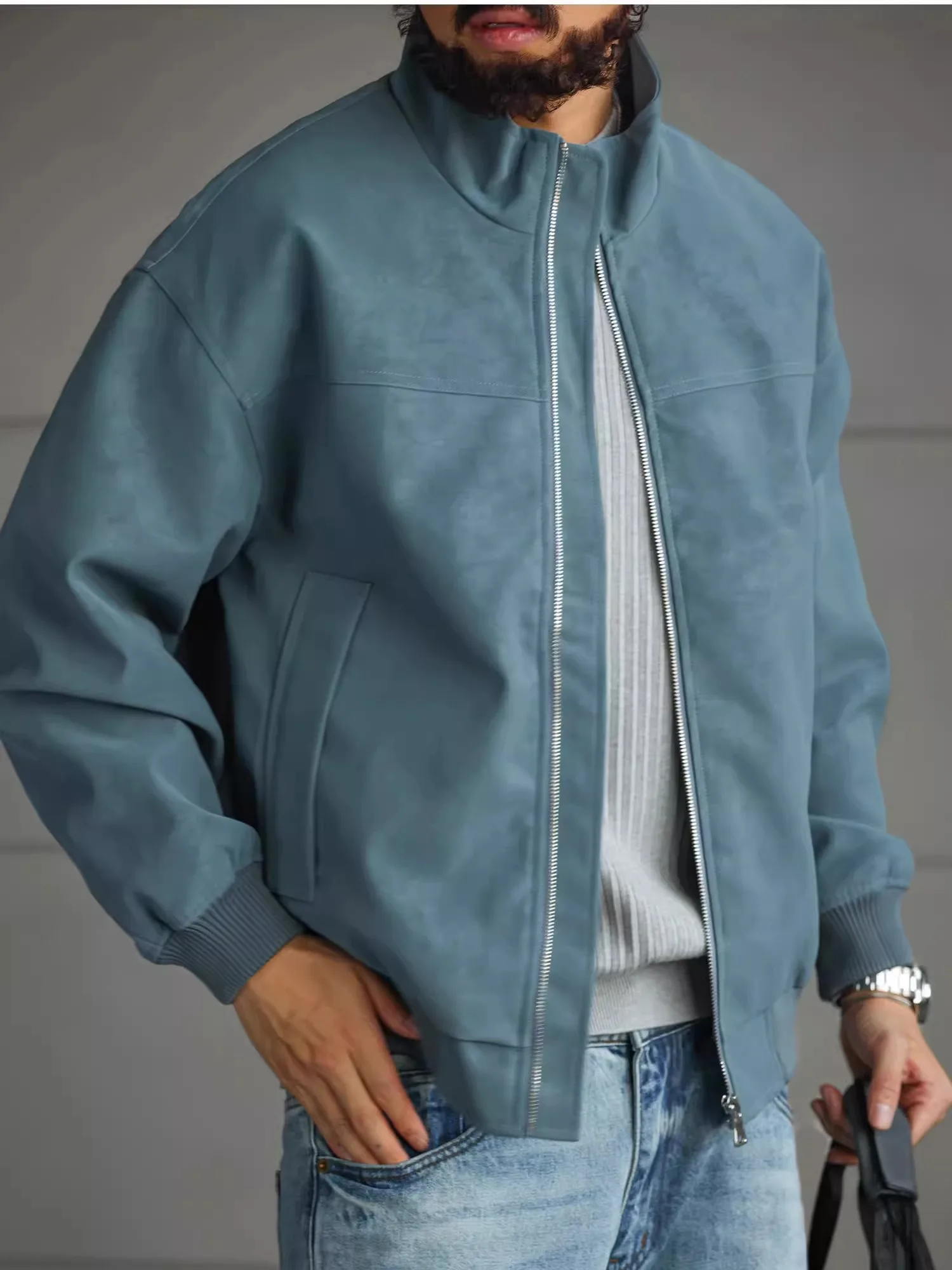 

Loose Fit Thiened Stand Collar Windproof PU Leather Jaet Men's Autumn Winter Casual Sle Tie Dye Workwear Coat for Youth