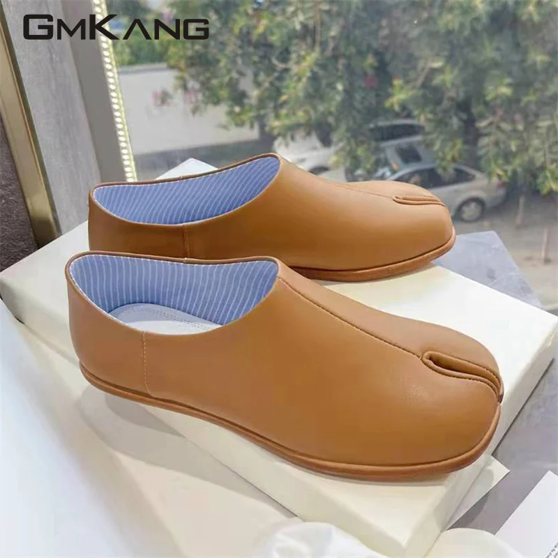 Genuine Leather Loafers Woman Casual Split Toe Shoes Lady Black White Brown Mules Shoes Woman Flat Walking Shoes For Women