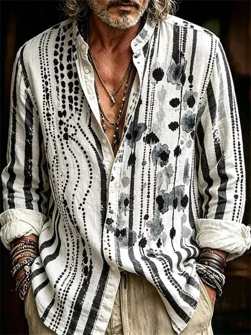 New Wave Cherry Blossom Printed Long Sleeve Shirt with Collar for Men's Artistic Vacation and Wind Top