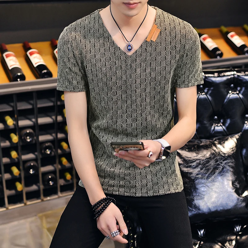 Men's V-Neck Short Sleeve T-Shirt Summer Youth Fashion Slim Fit Artificial Cotton Non-fading Versatile Casual Basic T-Shirt