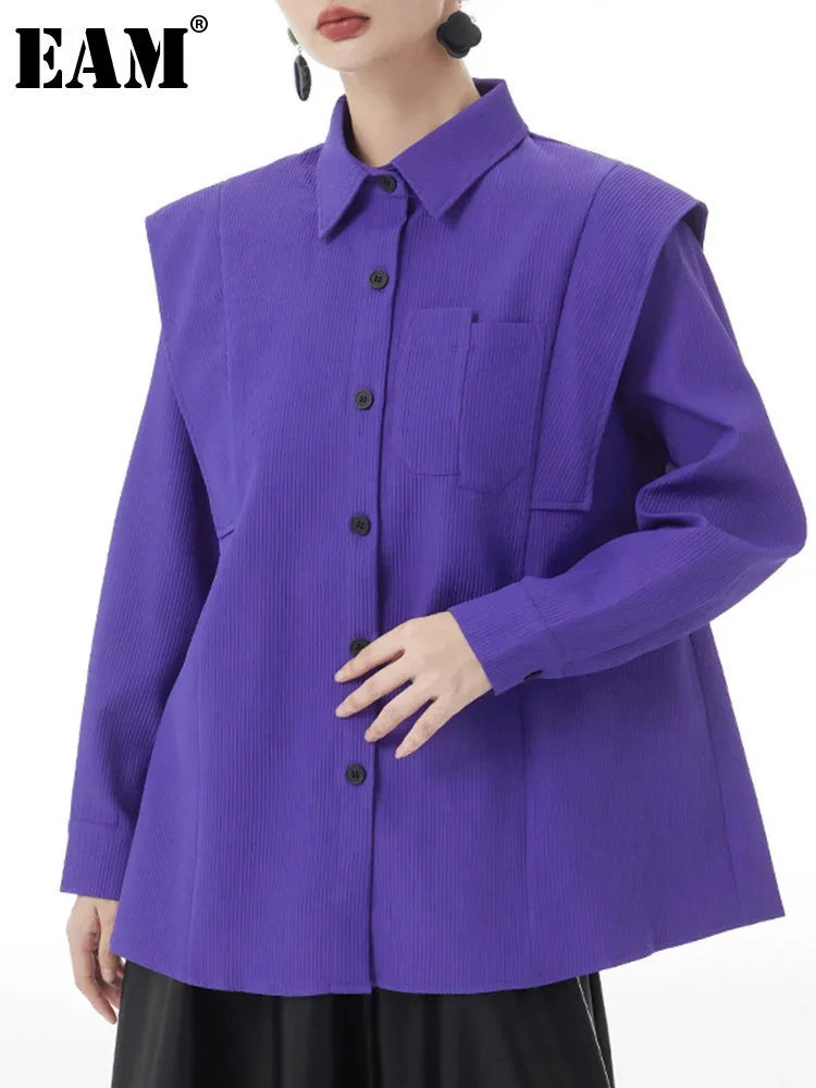 [EAM] Women Purple Corduroy Shaped Big Size Elegant Blouse New Lapel Long Sleeve Shirt Fashion Tide Spring Autumn 2025 1DH4096