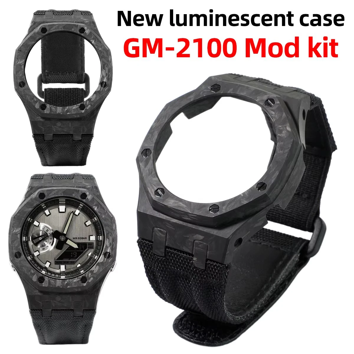For Casio GM‑2100 GBM‑2100 Farm Oak Modification Parts Carbon Fiber Bezel Case Nylon FKM Fluorine Rubber Watch Band Strap Set