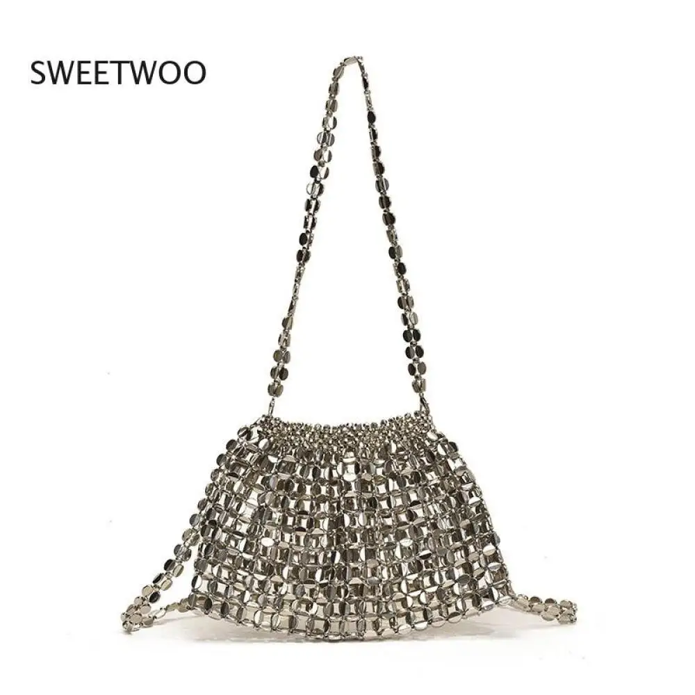 

Silver Metal Beaded Mesh Drawstring Mini Crossbody