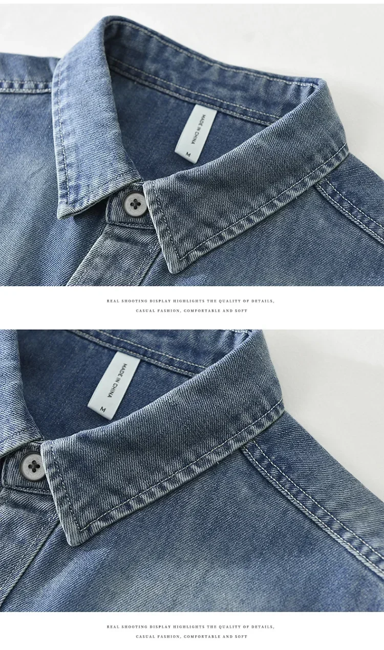 

Мужская джинсовая рубашка в японском стиле с длинным рукавом, уличная одежда, ретро-рубашка из чистого хлопка, ковбойский топ с двумя карманами, повседневная рубашка