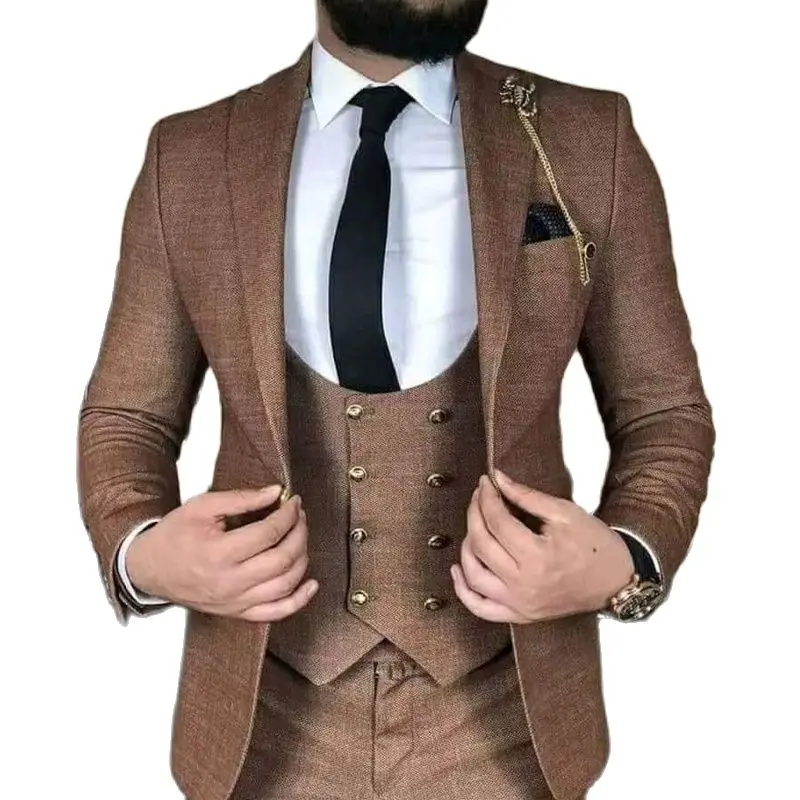 

Brown Business Men Suits Slim Fit Male Fashion Wedding Tuxedo for Groom Dinner 3 Pieces Jacket Vest with Pants Formal Costume