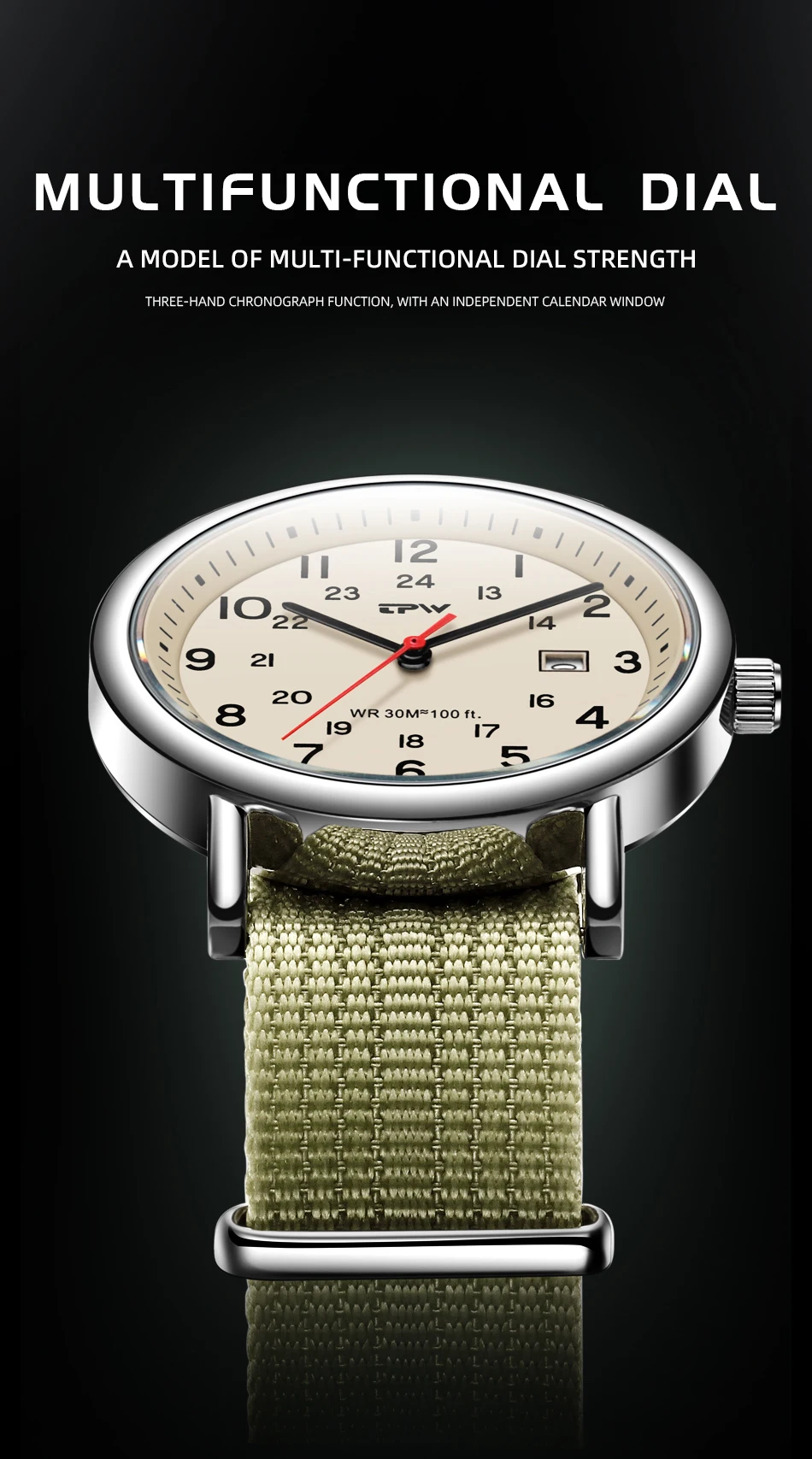 2026 TPW Felduhr Leicht ablesbares Stoffarmband 24-Stunden-Anzeige Quarzwerk Tagesfunktion – Detail 4