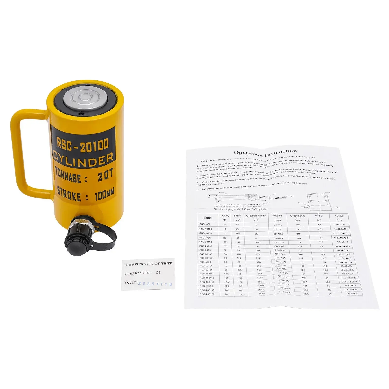 20T 油圧リフティングシリンダー – 容量 44092 ポンド、100mm/4 インチ黄色の重荷重ジャッキ