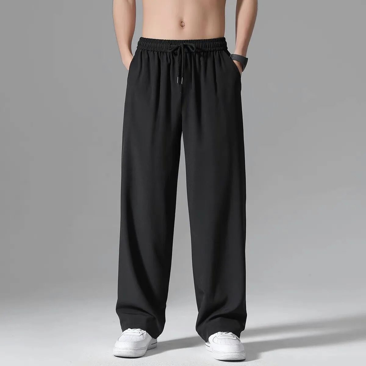 ตรงกางเกงผู้ชายสบายๆกางเกงเอวยางยืดกางเกงขากว้าง Drawstring Sweatpants Mens Baggy กางเกง Breathable