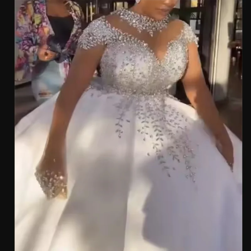 

Customized Sparkly Crystals Beads Wedding Dress with Detachable Skirt Plus Size Vestidos De Novia Long Sleeves Bridal Gown