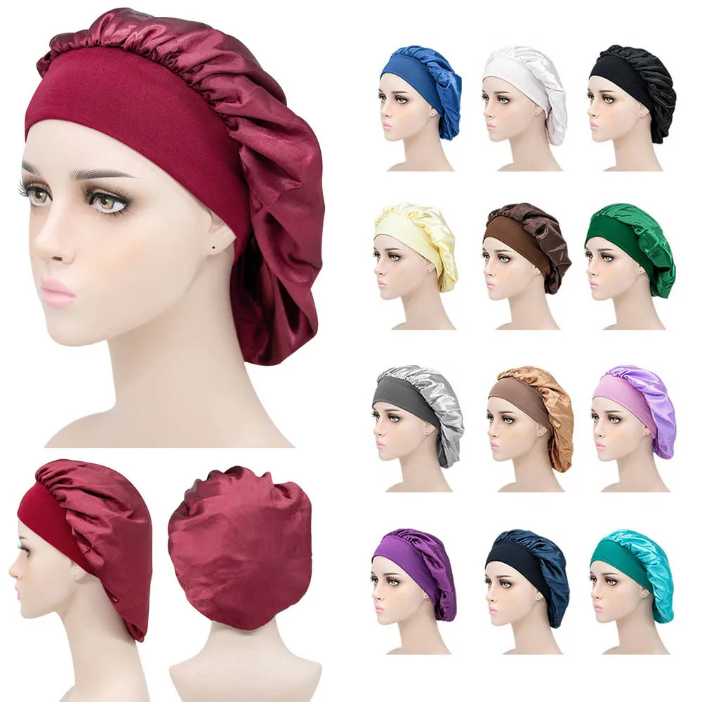 

Wide Fashion Women Night Sleep Hair Care Lady Bath Sleeping Hat Shower Caps Satin Bonnet Hair Cap