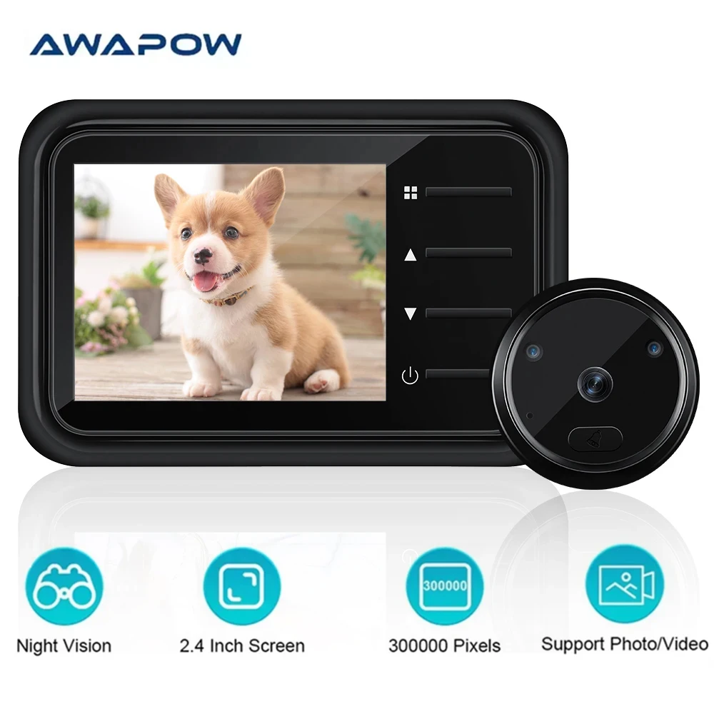 

Awapow 2,4-дюймовая HD-камера дверного звонка с глазком 3 МП 120 ° Вид ночного видения кошачий глаз дверной звонок домашняя безопасность наружный монитор