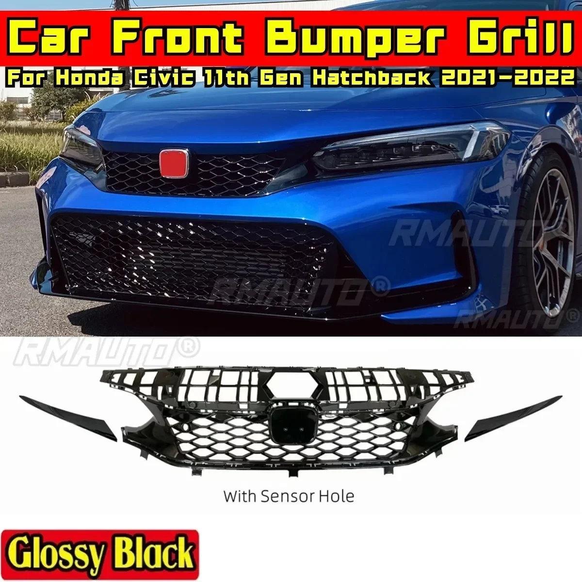 For Honda Civic 11th Gen Hatchback 2021-2022 Body Kit Front Grill Grills Glossy Black TR style Bumper Grill Car Accessories