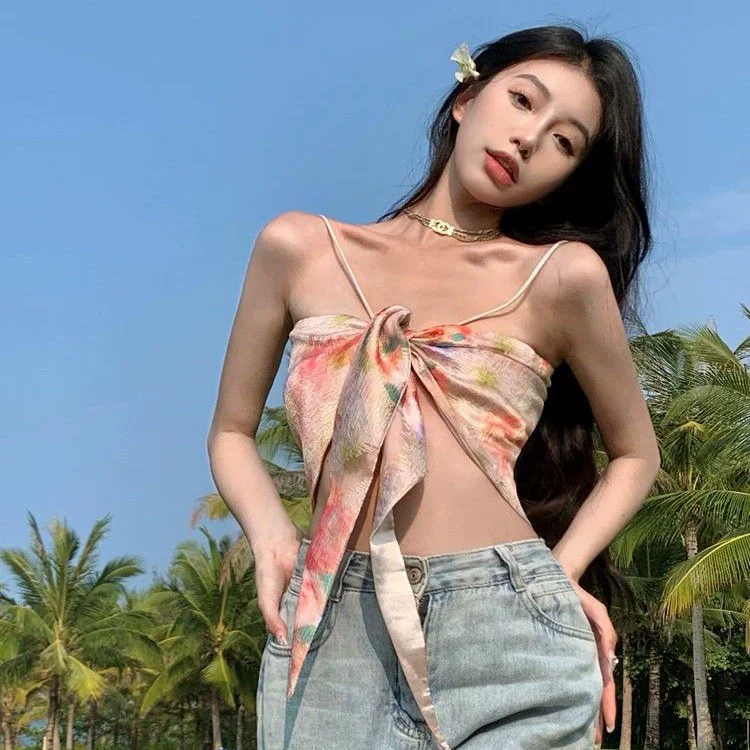 Sweet and Spicy Girl Triangle Scarf Wearing Tie Dyed Small Suspended Tank Top for Women's Beach French Design Short Top