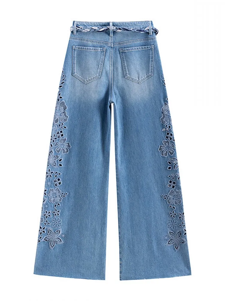 Fashion Women Hollow Out Embroidery Wide Leg Pants High Waist New Designer Autumn Loose Fit Jeans Vintage Denim Pants Trousers
