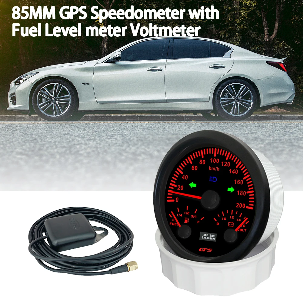 ELING 85mm (3 3/8'') 3in1 120 200 KM/H MPH GPS Speedometer with Fuel Level Voltmeter 7 Colors Backlight 12V for Auto Car Boat