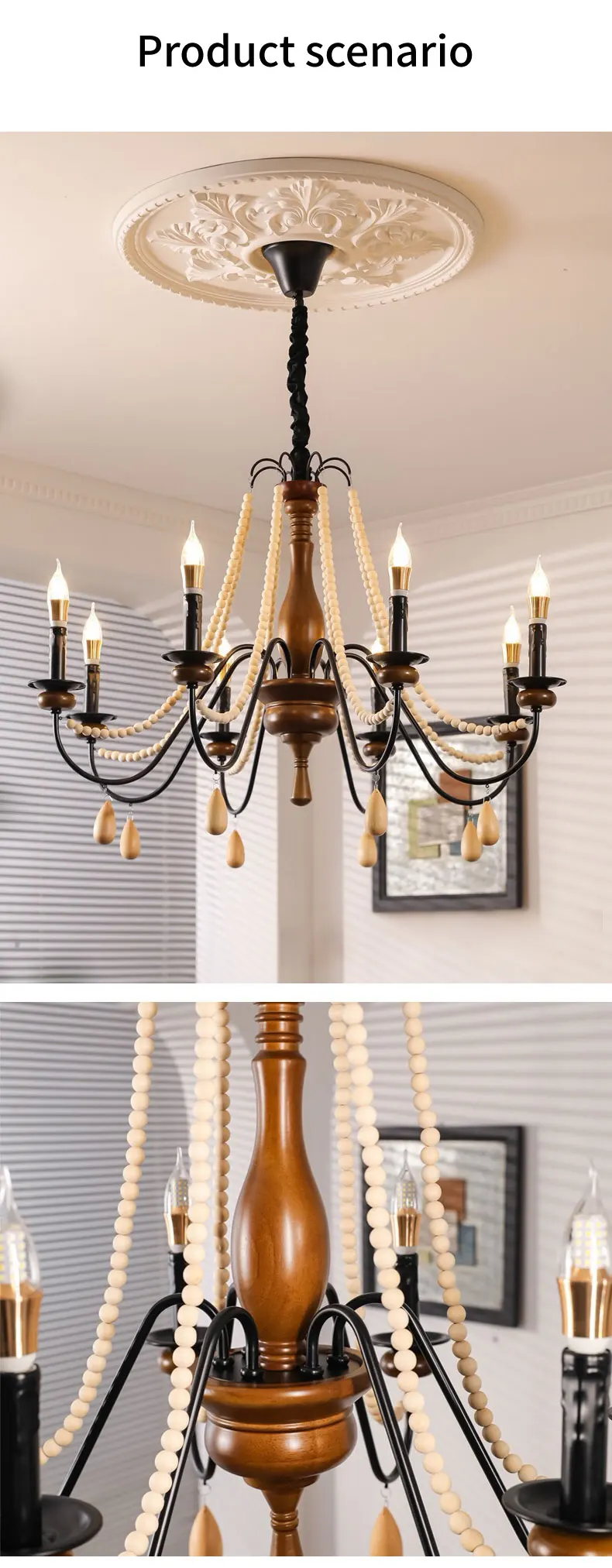 American Retro Wood Candle E27 Chandelier French