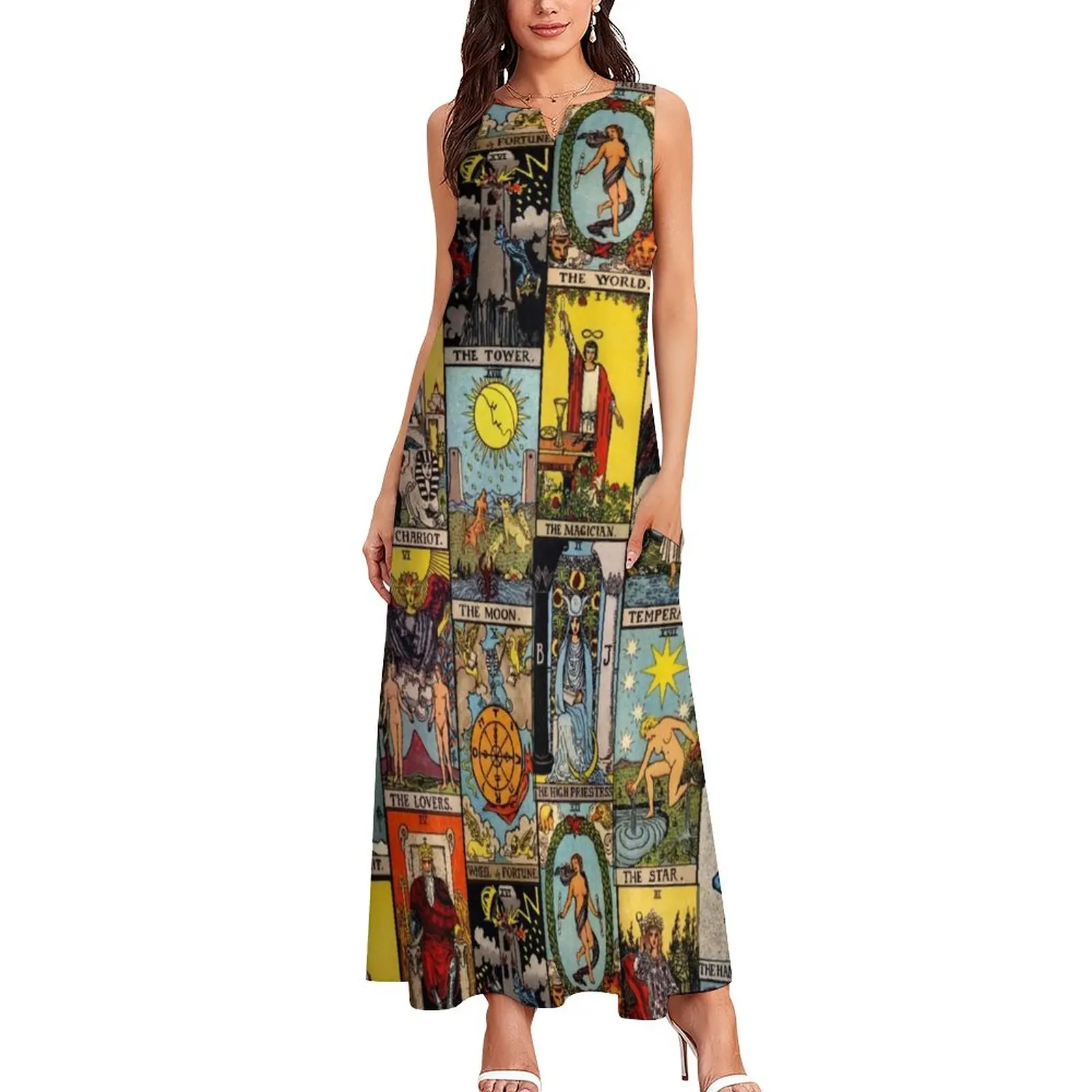 Vestido Vintage de Luna para primavera, ropa de calle con Collage de arte de Tarot, vestidos largos informales, vestido Maxi elegante con patrón de mujer, talla grande 4XL 5XL