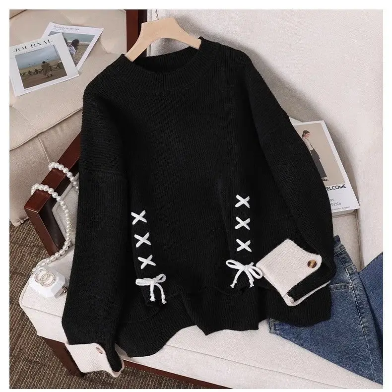 New Loose Autumn Winter Thickened Western Style Flesh-covering Sweater Women's Bottoming Shirt Drawstring Bow Knitted Top