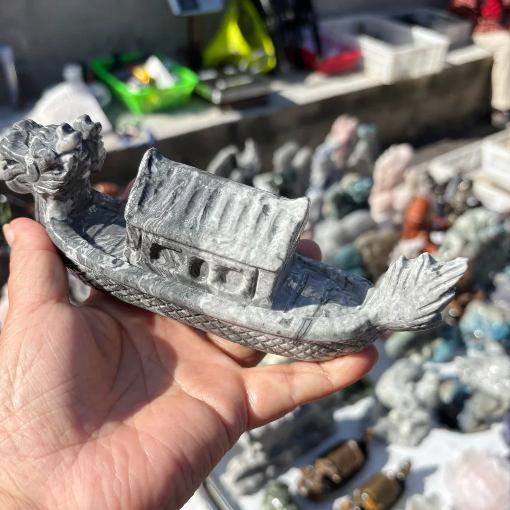 Natural Picasso Stone Dragon Boat Carving - Healing Crystal Dragon Ship Statue Home Desk Decor Collectible Ornament
