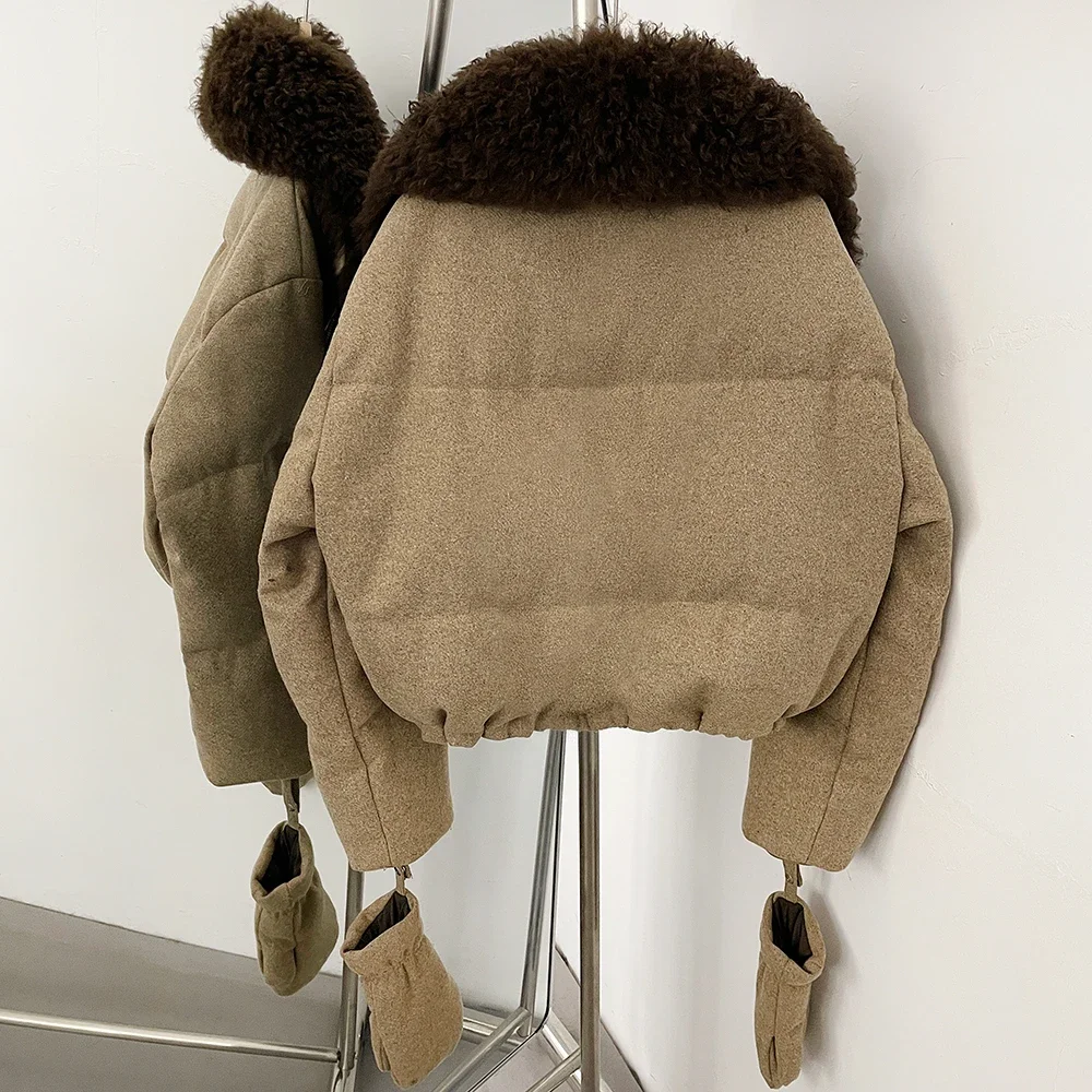 OFTBUY Damen-Woll-Daunenjacke mit Reißverschluss und echtem Pelzbesatz, kurze Daunenjacke mit echtem Lammfellkragen und abnehmbaren Handschuhen – Detail 16