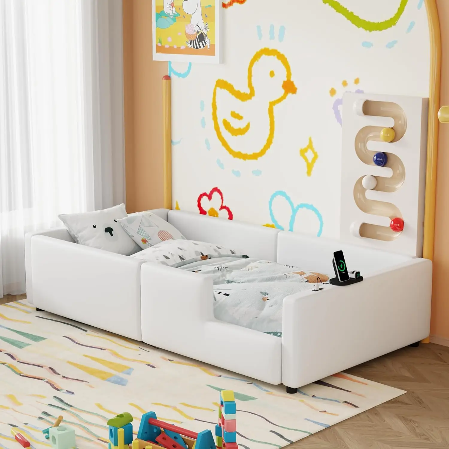

Twin Size Kids Floor Bed, Guardrail, Charging Station, PU Leather Daybed, Wood Slats, No Box Spring, Easy Assembly, White