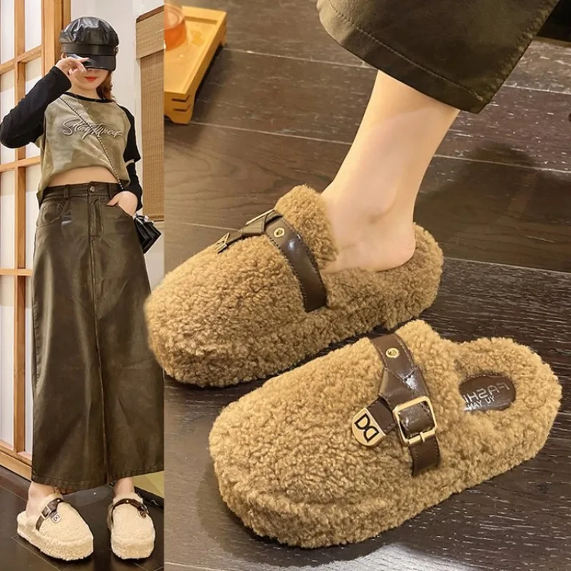 Warm Slipper Women Korean Fashion Plush Mule Slippers Retro Outdoor Soft Cork Buckle Flat Slides Lamb Hair Slippers  Zapatos