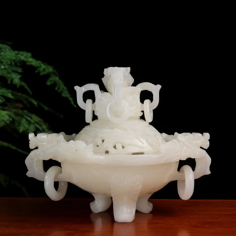 Natural Afghan white jade incense burner, jade incense burner for home use, hollowed-out antique-style incense burner for Buddhi