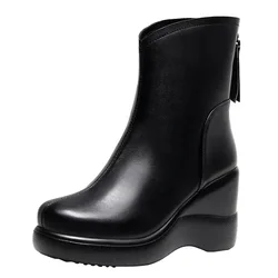 8cm Small Size 32-43 Vintage Genuine Leather Shoes Women's Ankle Boots Winter 2025 High Heels Wedges Shoes Fur Motorcycle Boots