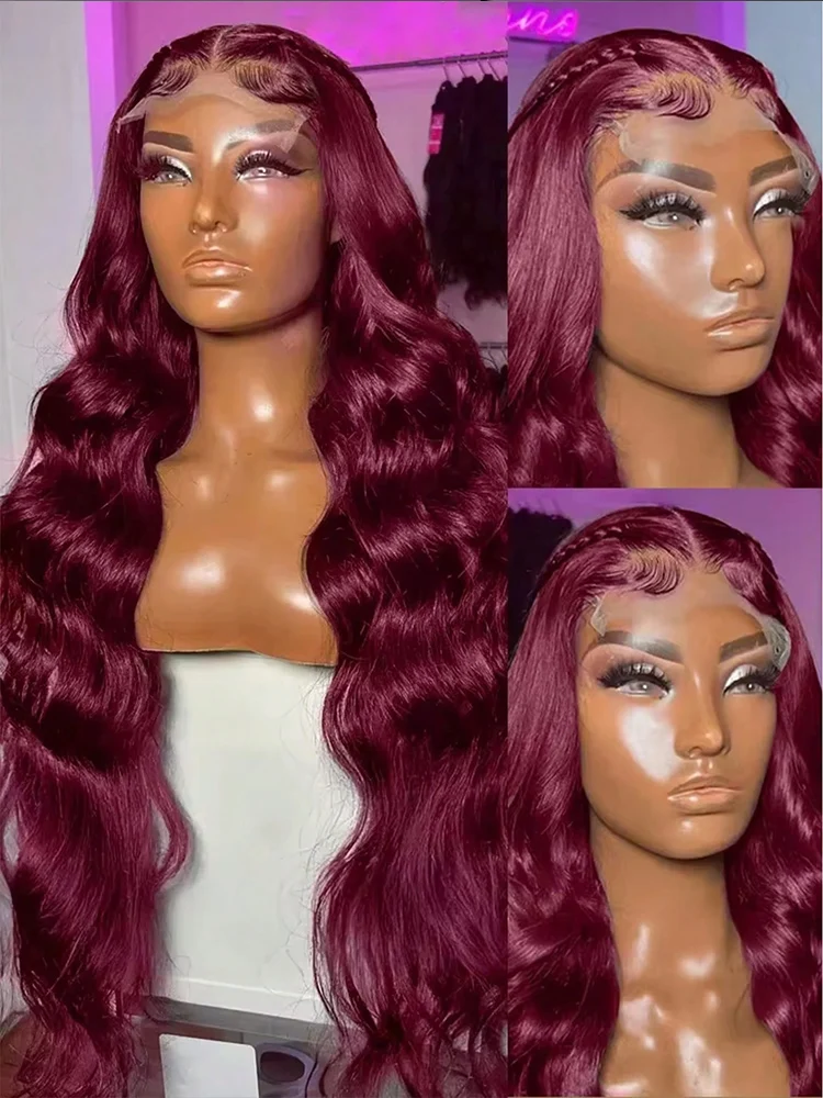 

13X4 Body Wave Lace Front Wigs 99J Burgundy Human Hair Transparent Lace Front Wig Colored Pre Plucked For Women 180% Density
