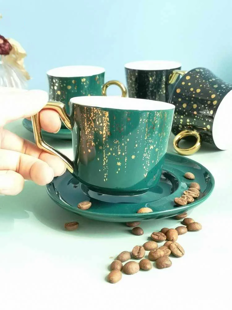 American Style Green Exquisite Coffee Cup Dish High Beauty Gold Handle Water Cup Set Dual Use 200ml Female Ceramic Afternoon Tea