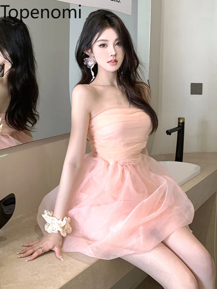 

Topenomi Fairy Organza Princess Prom Dress Strapless High Waist Fluffy Bud Mini Dresses Sweet Graduation Party Evening Vestidos