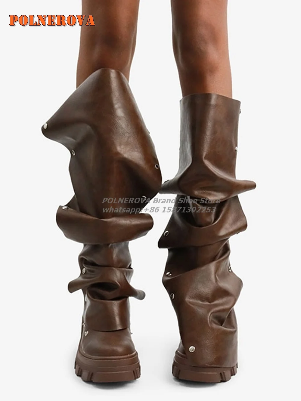 Rivet Wide Calf Ruched Slouchy Boots Round Toe Tank Soled Fold Down Pleated Brown Knee-High Boots Plus Size Sexy Fashion Shoes