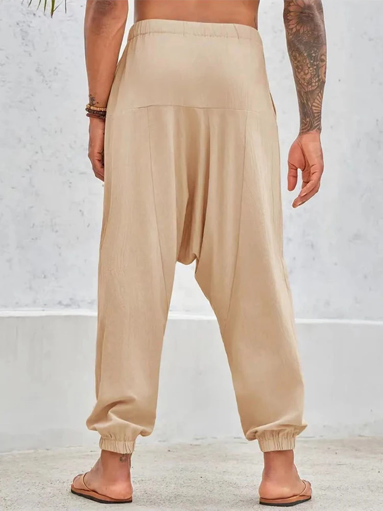 2025 Spring Fall New Casual Men's Pants Daily Leisure Breathable Loose Harren Trousers Men Vintage Solid Color Drawstring Pants