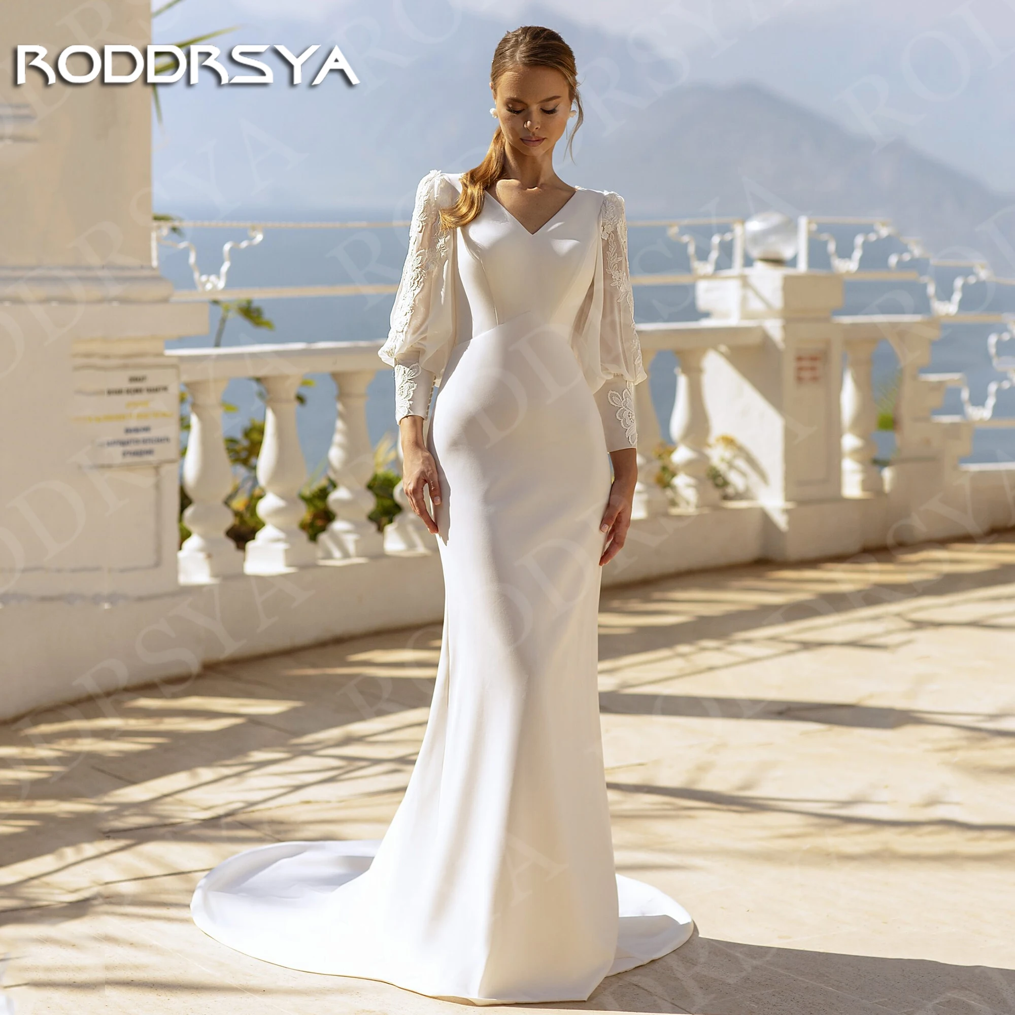 

RODDRSYA Boho Mermaid Wedding Dress Long Sleeve Detachable Train Bakless Bridal Dresses V Neck vestidos de novia boda Customized